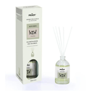 Prady Ambientador Mikado Neutralizador de Olores Para Cocina - Frasco de Cristal 100 ml y Varitas Difusoras