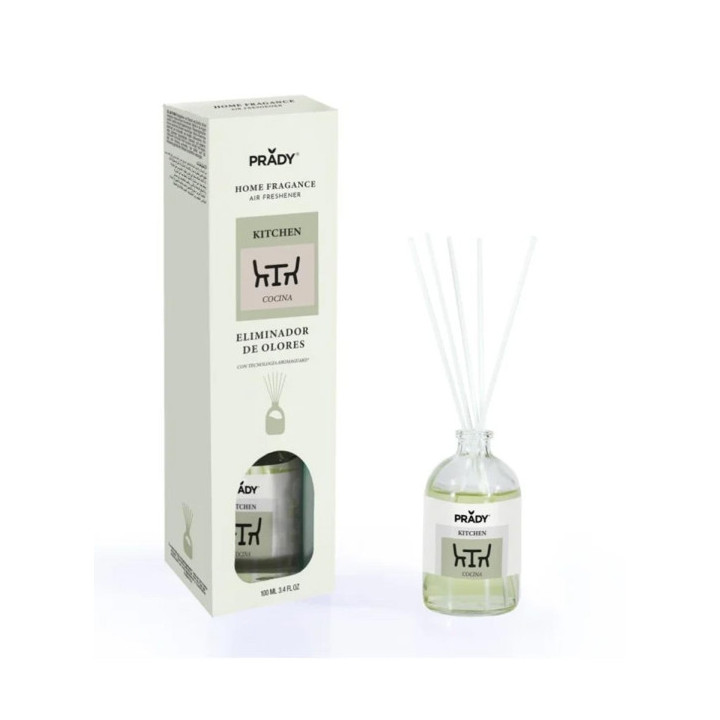 Prady Ambientador Mikado Neutralizador de Olores Para Cocina - Frasco de Cristal 100 ml y Varitas Difusoras