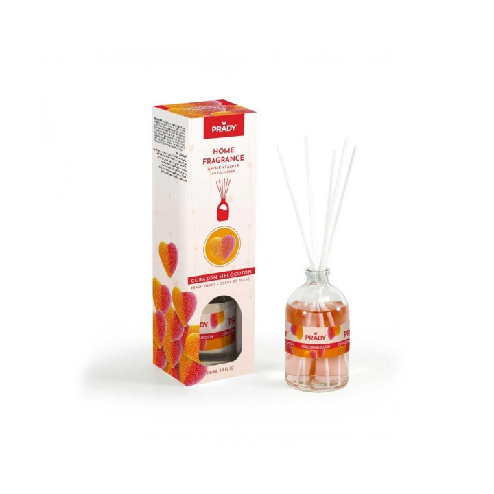 Prady Ambientador Mikado Corazon de Melocoton - Frasco de Cristal 100 ml y Varitas Difusoras