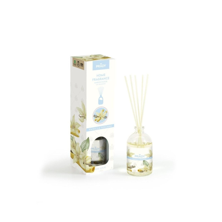Prady Ambientador Mikado Vainilla Toscana - Frasco de Cristal 100 ml y Varitas Difusoras