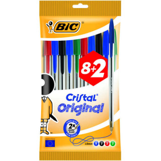 Bic Cristal Original Pack de 10 Boligrafos de Bola - Punta Redonda de 1.0mm - Trazo 0.4mm - Tinta con Base de Aceite - Colores