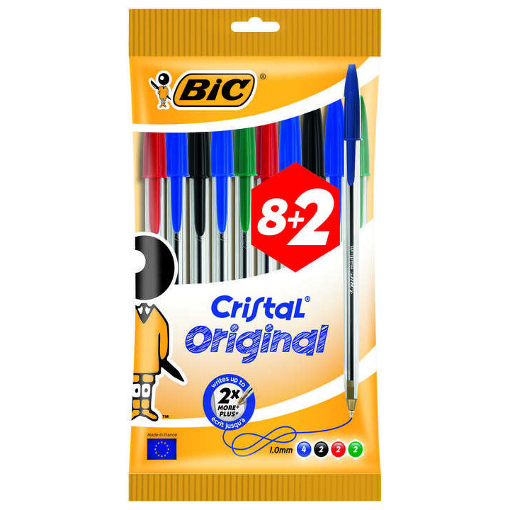 Bic Cristal Original Pack de 10 Boligrafos de Bola - Punta Redonda de 1.0mm - Trazo 0.4mm - Tinta con Base de Aceite - Colores