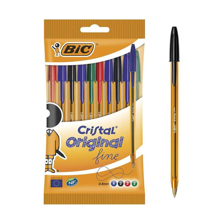 Bic Cristal Original Fine Pack de 10 Boligrafos de Bola - Punta Redonda de 0.8mm - Trazo de 0.30mm - Tinta con Base de Aceite -