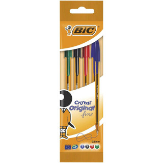 Bic Cristal Original Fine Pack de 4 Boligrafos de Bola - Punta Redonda de 0.8mm - Trazo de 0.30mm - Tinta con Base de Aceite -