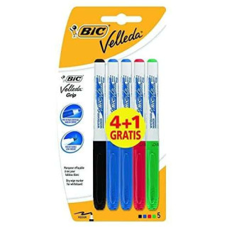 Bic Velleda Grip 4+1 Pack de 5 Rotuladores para Pizarra - Zona con Grip - Punta Media - Trazo de 1.2mm - Borrado Optimo - Color