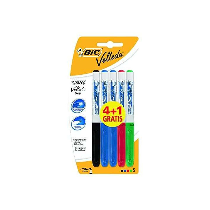 Bic Velleda Grip 4+1 Pack de 5 Rotuladores para Pizarra - Zona con Grip - Punta Media - Trazo de 1.2mm - Borrado Optimo - Color