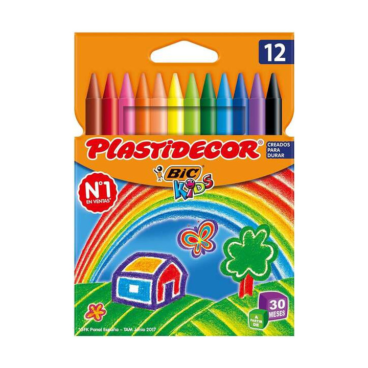 Bic Kids Plastidecor Caja de 12 Lapices de Cera - Extraresistentes - Facil de Sacar Punta - No Mancha