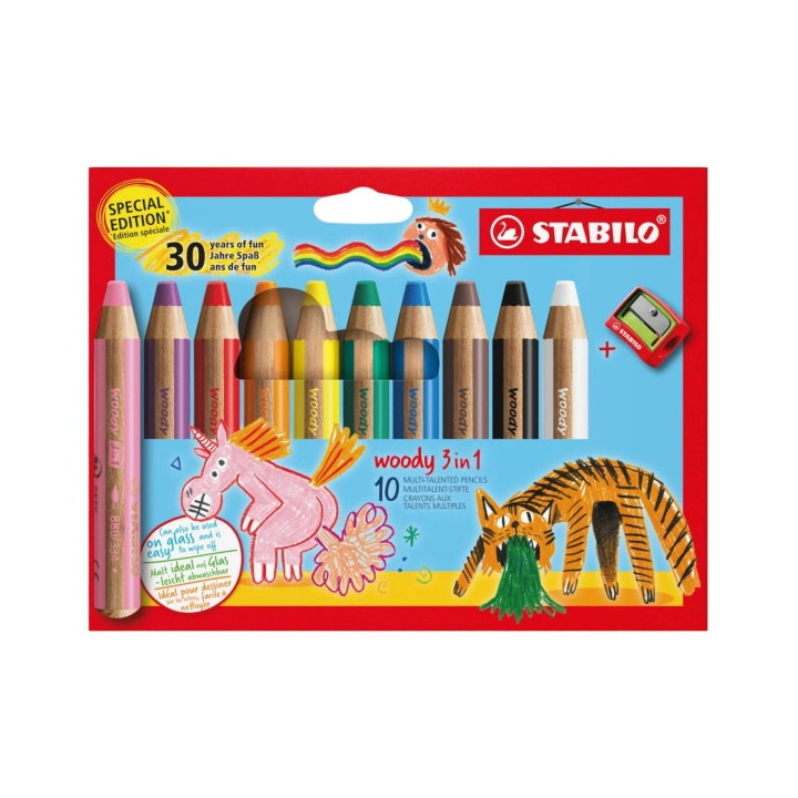 Stabilo Woody 3 en 1 30º Aniversario Unicornio y Tigre Pack de 10 Lapices de Colores + Sacapuntas - Lapiz de Color