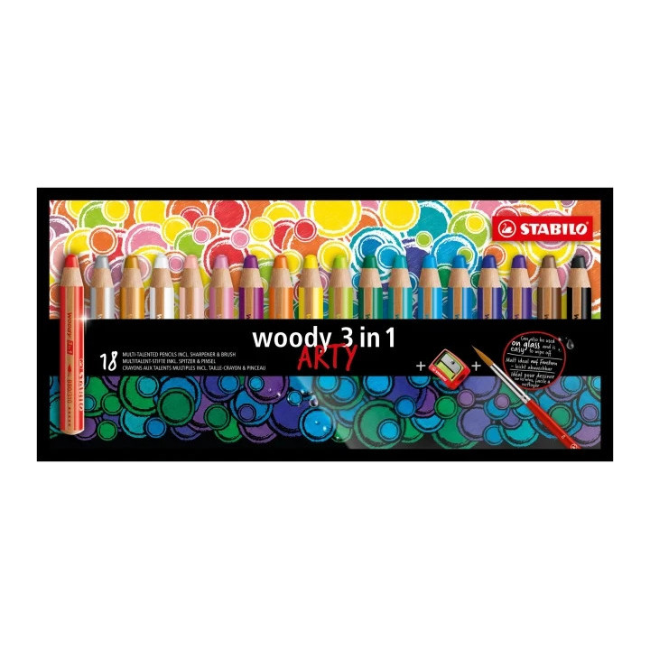Stabilo Woody 3 en 1 Arty Pack de 18 Lapices de Colores + Sacapuntas + Pincel - Lapiz de Color