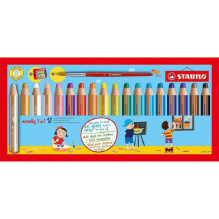 Stabilo Woody 3 en 1 Pack de 18 Lapices de Colores + Sacapuntas + Pincel Nº 8 - Lapiz de Color
