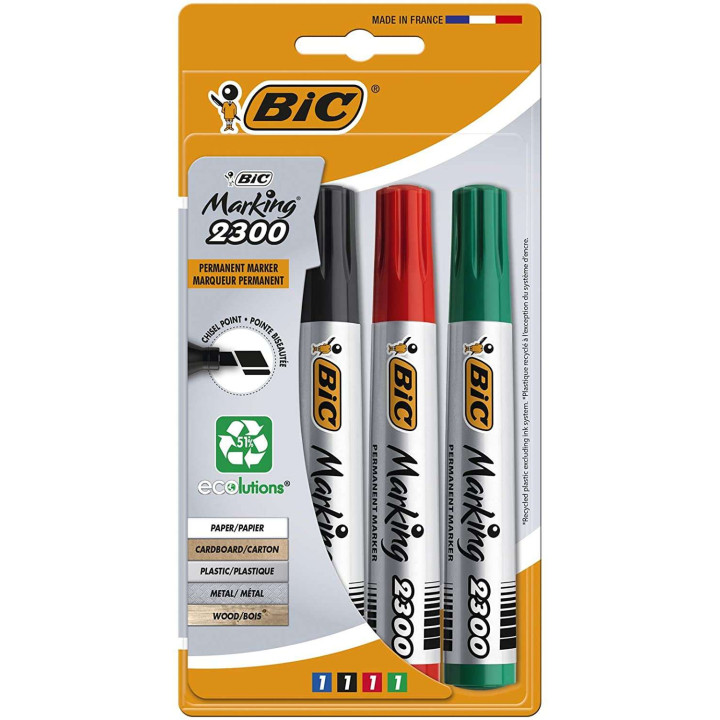 Bic Marking 2300 Ecolutions Pack de 4 Rotuladores Permanentes - Punta Biselada - Tinta con Base de Alcohol - Ecologico - Colore