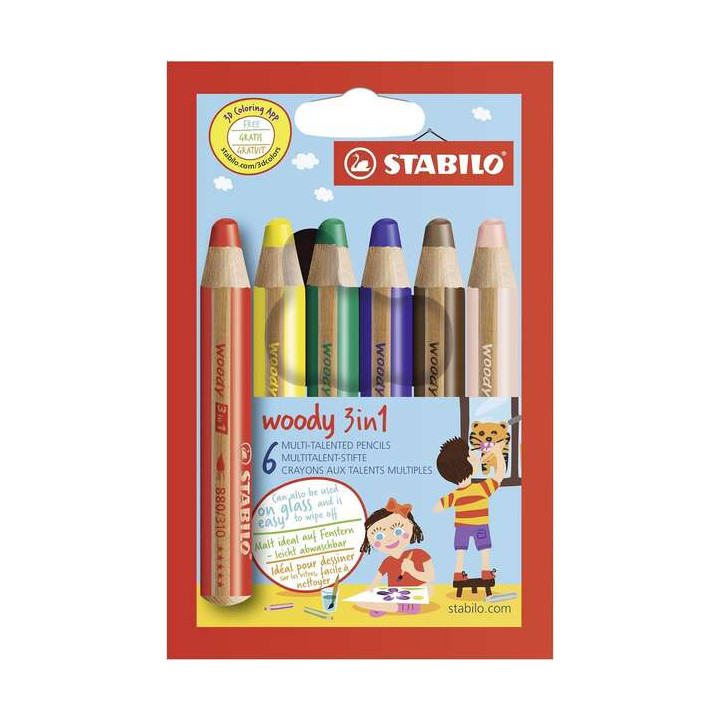 Stabilo Woody 3 en 1 Pack de 6 Lapices de Colores - Lapiz de Color