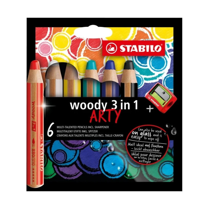 Stabilo Woody 3 en 1 Arty Pack de 6 Lapices de Colores + Sacapuntas - Lapiz de Color