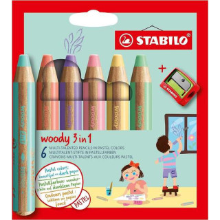 Stabilo Woody 3 en 1 Pack de 6 Lapices de Colores Pastel + Sacapuntas - Lapiz de Color