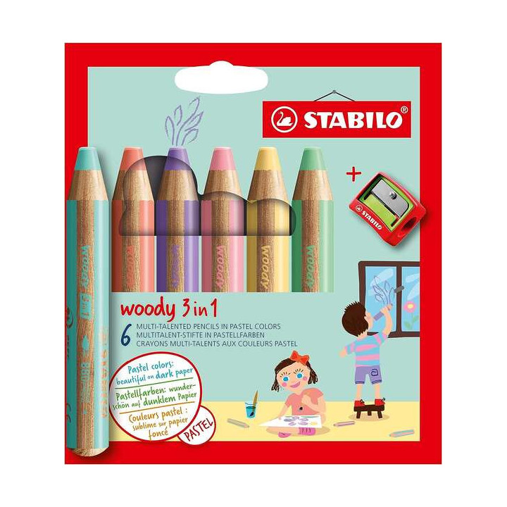Stabilo Woody 3 en 1 Pack de 6 Lapices de Colores Pastel + Sacapuntas - Lapiz de Color