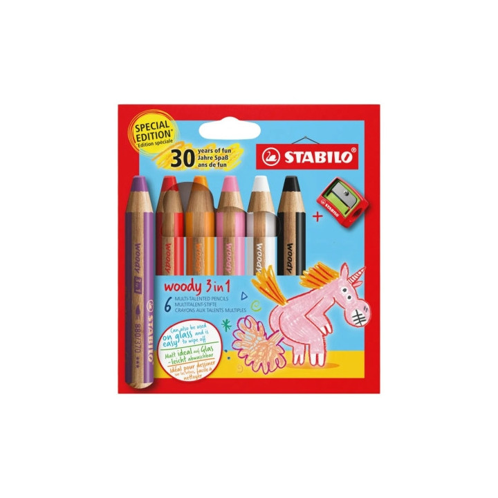 Stabilo Woody 3 en 1 30º Aniversario Unicornio Pack de 6 Lapices de Colores + Sacapuntas - Lapiz de Color