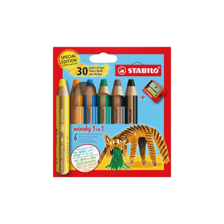 Stabilo Woody 3 en 1 30º Aniversario Tigre Pack de 6 Lapices de Colores + Sacapuntas - Lapiz de Color