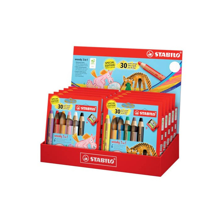 Stabilo Woody 3 en 1 30º Aniversario Unicornio y Tigre Expositor con 10 Packs de 6 Lapices de Colores + Sacapuntas - Lapiz de
