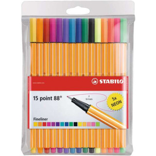 Stabilo Point 88 Pack de 15 Rotuladores de Punta Fina de Fibra - Trazo de 0.4 mm - Tinta con Base de Agua - 10 Colores Surtidos