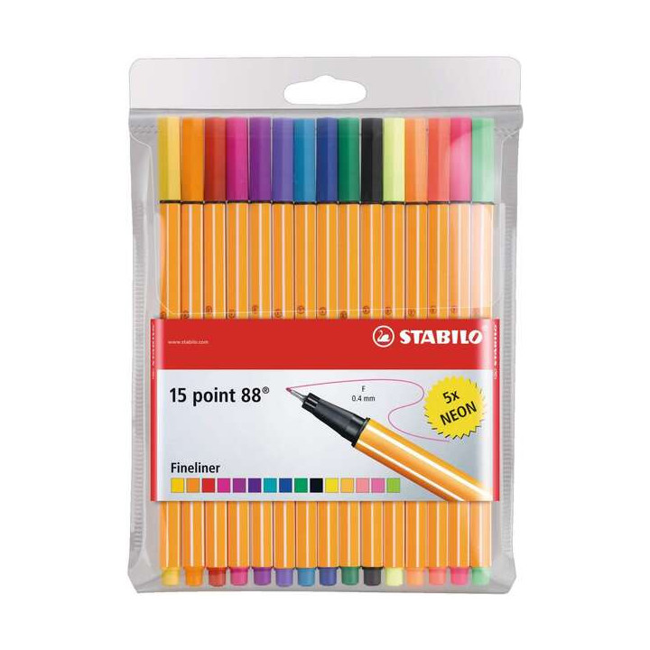 Stabilo Point 88 Pack de 15 Rotuladores de Punta Fina de Fibra - Trazo de 0.4 mm - Tinta con Base de Agua - 10 Colores Surtidos