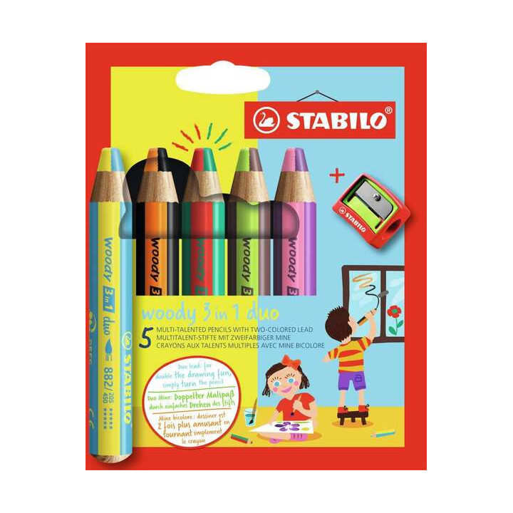 Stabilo Woody 3 en 1 Duo Pack de 5 Lapices de Colores + Sacapuntas - Mina 2 Colores XXL 10mm - Lapiz de Color