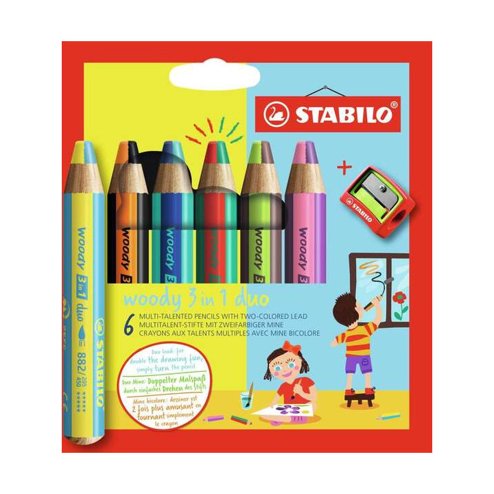 Stabilo Woody 3 en 1 Duo Pack de 6 Lapices de Colores + Sacapuntas - Mina 2 Colores XXL 10mm - Lapiz de Color