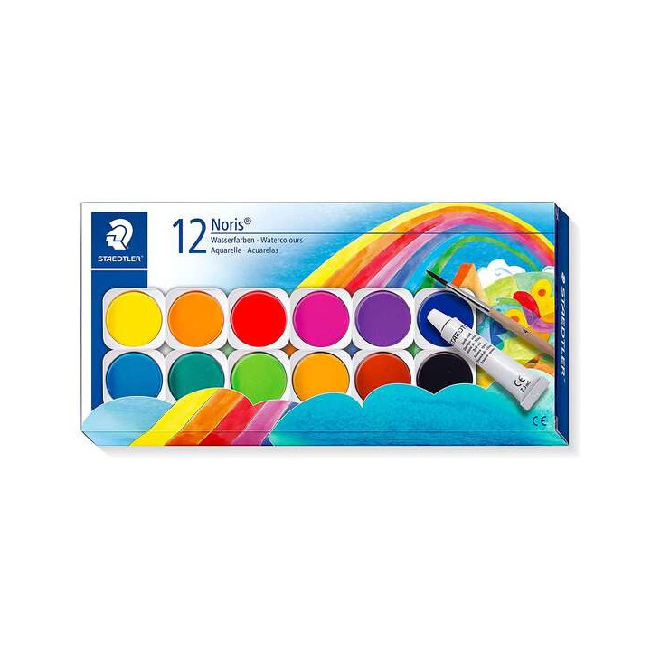 Staedtler Noris 888 12 Pastillas de Acuarela + Tubo Zinc Blanco + Pincel - Mezclables entre si - Colores Surtidos