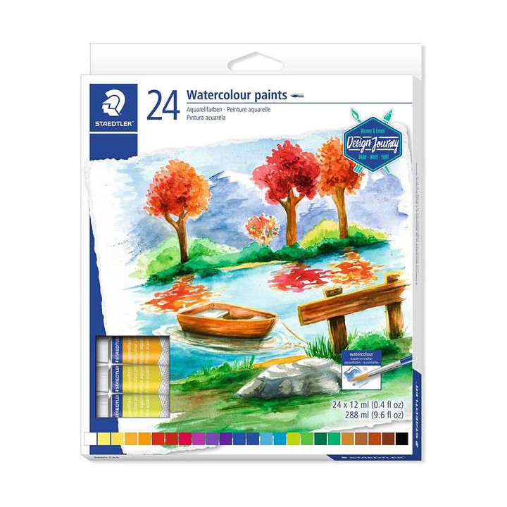 Staedtler Pack de 24 Tubos de Acuarela 12ml - Colores Brillantes  - Usar en Papel Acuarela o Cartulina - Colores Surtidos