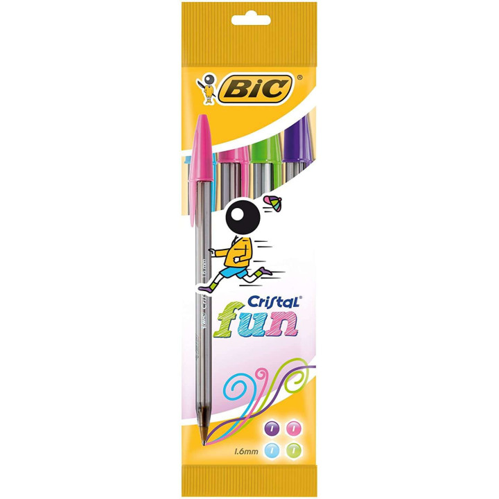 Bic Cristal Fun Pack de 4 Boligrafos de Bola - Punta Redonda de 1.6mm - Trazo 0.42mm - Tinta con Base de Aceite - Colores Surti