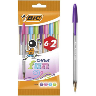 Bic Cristal Fun 6+2 Pack de 8 Boligrafos de Bola - Punta Redonda de 1.6mm - Trazo 0.42mm - Tinta con Base de Aceite - Colores S