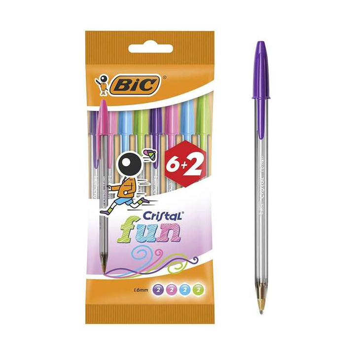 Bic Cristal Fun 6+2 Pack de 8 Boligrafos de Bola - Punta Redonda de 1.6mm - Trazo 0.42mm - Tinta con Base de Aceite - Colores S