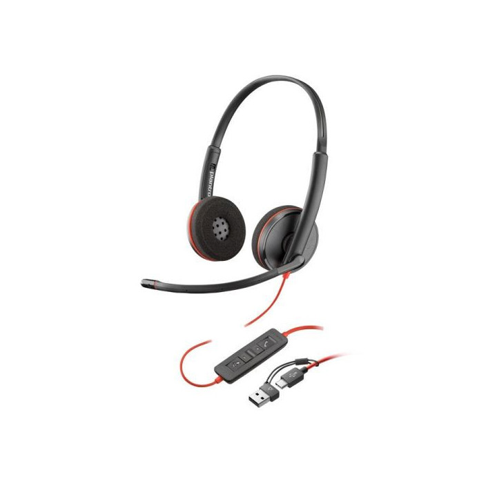 Plantronics/Poly Blackwire 3220 USB-C Auriculares con Microfono - Almohadillas Acolchadas - Controles en Cable - Adaptador USB-
