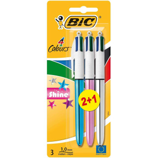 Bic 4 Colours Shine 2+1 Pack de 3 Boligrafos de Bola Retractil - Punta Media de 1.0mm - Tinta con Base de Aceite - Cuerpo de Co