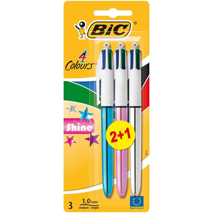 Bic 4 Colours Shine 2+1 Pack de 3 Boligrafos de Bola Retractil - Punta Media de 1.0mm - Tinta con Base de Aceite - Cuerpo de Co