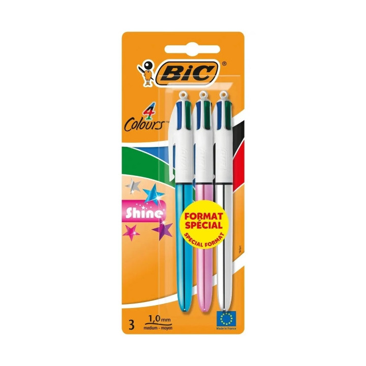 Bic 4 Colours Shine Pack de 3 Boligrafos de Bola Retractil - Punta de 1mm - Trazo de 0.4mm - Tinta con Base de Aceite - Cuerpo