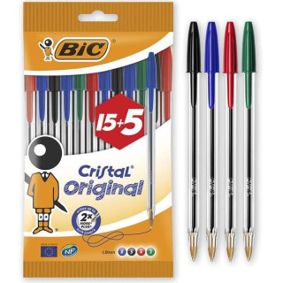 Bic Cristal Original 15+5 Pack de 20 Boligrafos de Bola - Punta Redonda de 1.0mm - Trazo 0.4mm - Tinta con Base de Aceite - Col