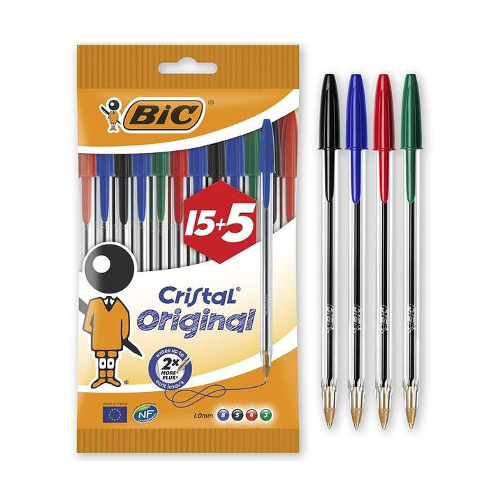Bic Cristal Original 15+5 Pack de 20 Boligrafos de Bola - Punta Redonda de 1.0mm - Trazo 0.4mm - Tinta con Base de Aceite - Col