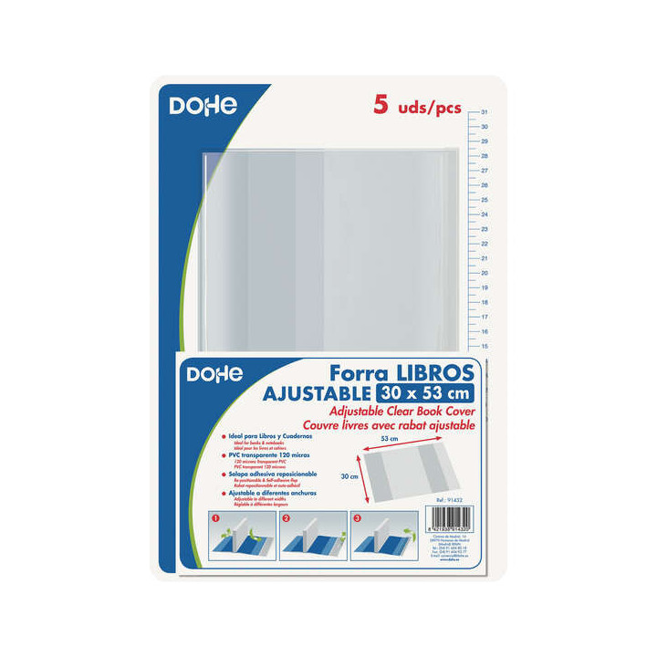 Dohe Pack de 5 Cubiertas Protectoras de Libros - Solapa Adhesiva Reposicionable - Tamaño 30x53cm - Material PVC 120 micras