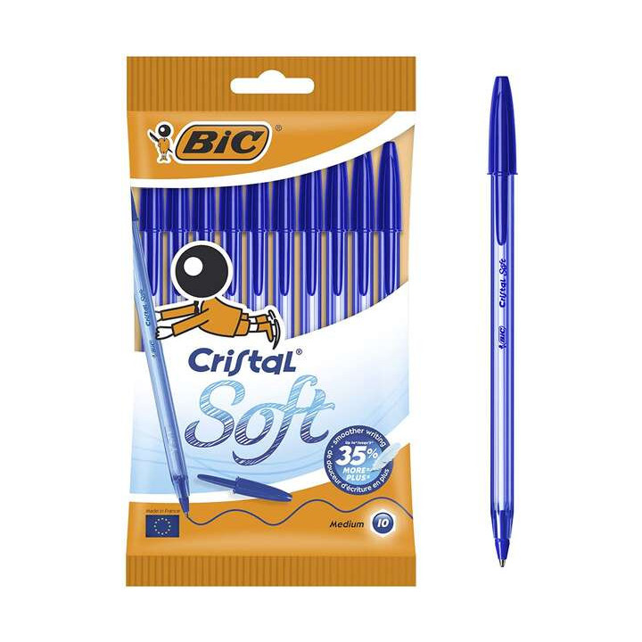 Bic Cristal Soft Pack de 10 Boligrafos de Bola - Punta Media de 1.2mm - Trazo 0.45mm - Escritura mas Fluida - Color Azul
