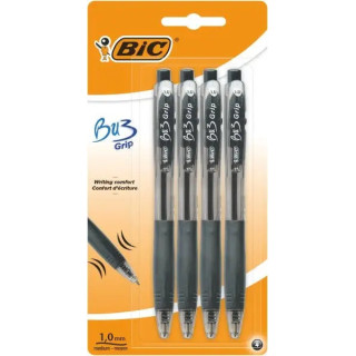Bic Bu3 Pack de 4 Boligrafos Retractiles - Punta Media de 1mm - Trazo 0.32mm - Grip de Goma - Escritura mas Fluida - Color Negr