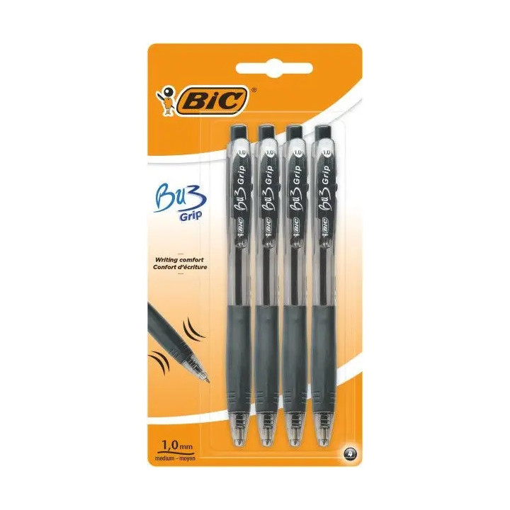 Bic Bu3 Pack de 4 Boligrafos Retractiles - Punta Media de 1mm - Trazo 0.32mm - Grip de Goma - Escritura mas Fluida - Color Negr