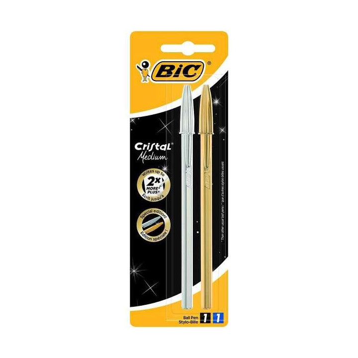 Bic Cristal Shine Pack de 2 Boligrafos de Bola - Punta Media de 1.0mm - Tinta con Base de Aceite - Cuerpo Plateado y Dorado - C