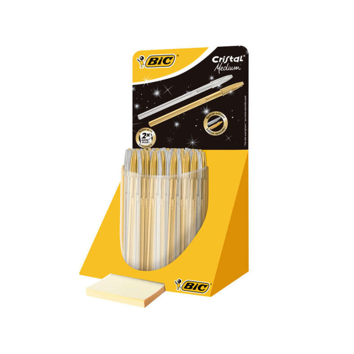 Bic Cristal Linea Celebration Expositor de 40 Boligrafos de Bola con Cuerpo Dorado y Plateado - Punta Media de 1.0mm - Tinta co