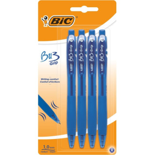 Bic Bu3 Pack de 4 Boligrafos Retractiles - Punta Media de 1mm - Trazo 0.32mm - Grip de Goma - Escritura mas Fluida - Color Azul