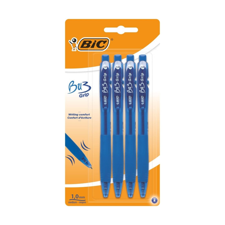 Bic Bu3 Pack de 4 Boligrafos Retractiles - Punta Media de 1mm - Trazo 0.32mm - Grip de Goma - Escritura mas Fluida - Color Azul