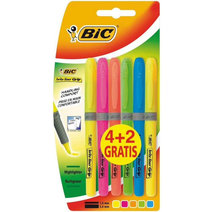 Bic Brit Liner Grip 4+2 Pack de 6 Marcadores Fluorescentes - Tinta con Base de Agua - Punta Biselada - Trazo entre 1.60 y 3.30m