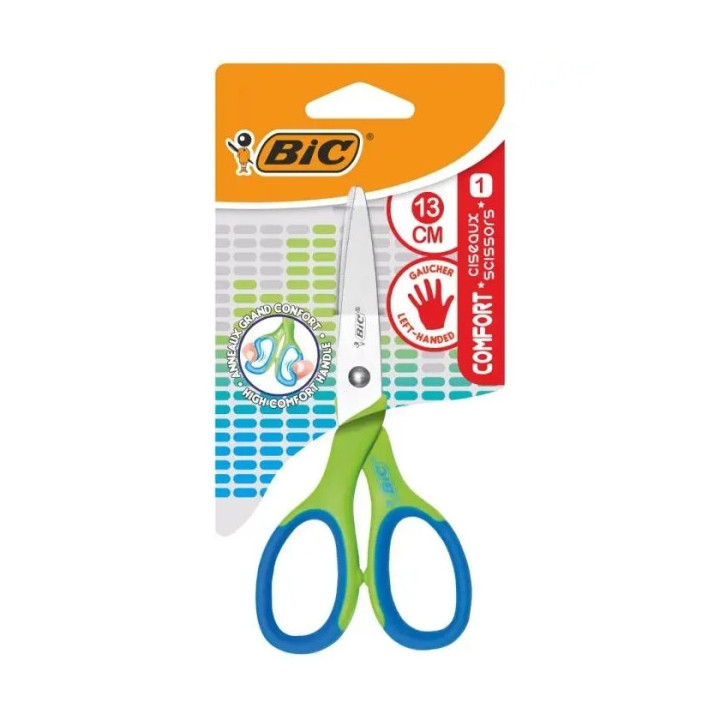 Bic Comfort Tijera Escolar de Acero Inoxidable 13cm - Mango Suave - Apta Para Zurdos - Colores Surtidos Aleatorio