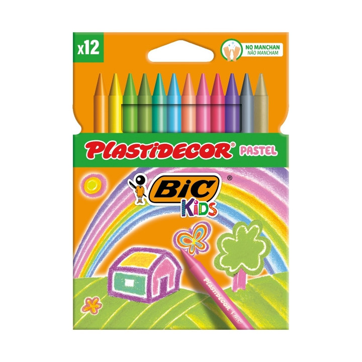 Bic Kids Plastidecor Pastel Caja de 12 Lapices de Cera - Extraresistentes - Facil de Sacar Punta - No Mancha - Colores Pastel S