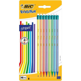 Bic Evolution Stripes Pack de 8 Lapices de Grafito Hexagonales con Goma de Borrar - Mina HB Ultraresistente - Fabricados en Res
