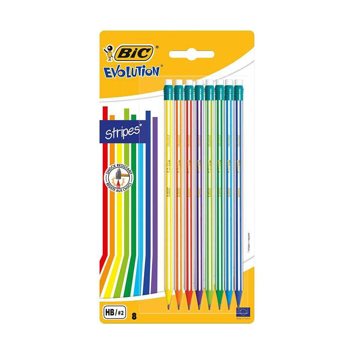 Bic Evolution Stripes Pack de 8 Lapices de Grafito Hexagonales con Goma de Borrar - Mina HB Ultraresistente - Fabricados en Res